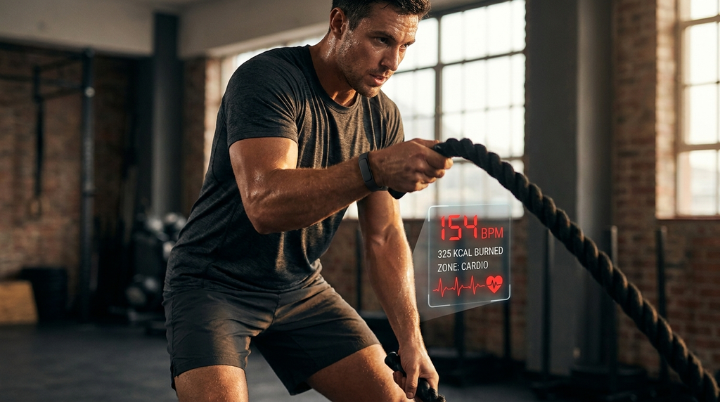24/7 heart rate tracking — athlete training with live BPM and ECG-style waveform