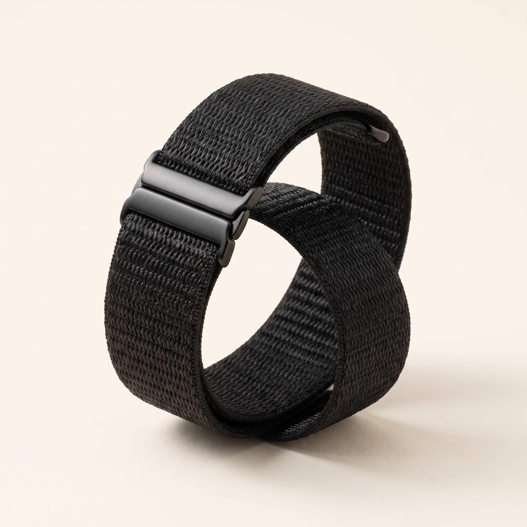 Longetive replacement strap in black, coiled on studio background